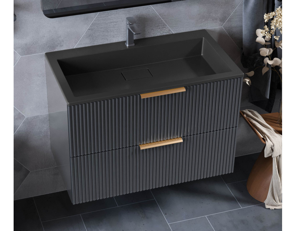 Тумба лакована, підвісна Luxor Riva 80 Антрацит з умивальником Imperio Low 80 Black