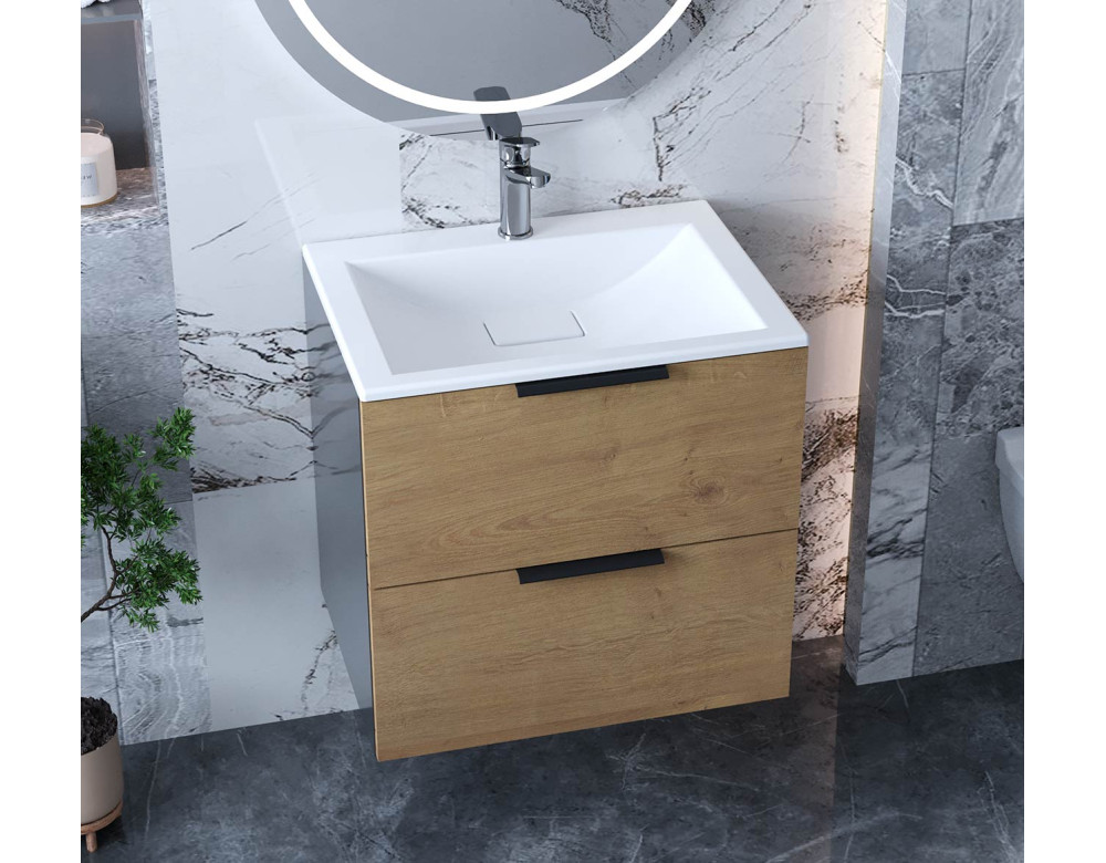 Тумба лакована, підвісна Luxor Tina 60 Дуб, з умивальником Veo Low 60